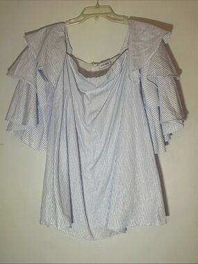 DO+BE Light Blue and White Striped Ruffle Sleeve Blouse